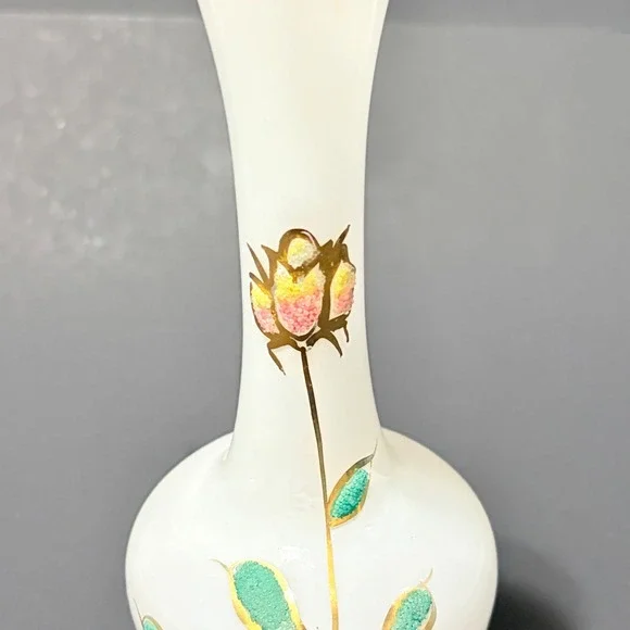 Vtg Satin Frosted Glass 8" Bud Vase Sugar Bead Floral Hand Painted Gold Trim - Picture 5 of 16